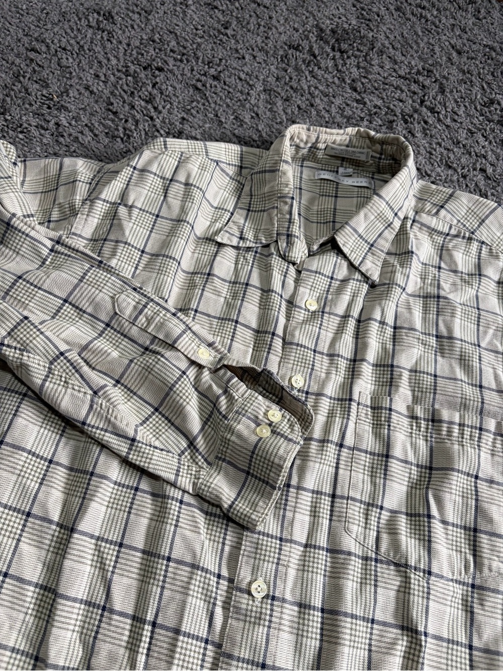 Geoffrey Beene Cream and Blue Plaid Casual Button-Down Shirt